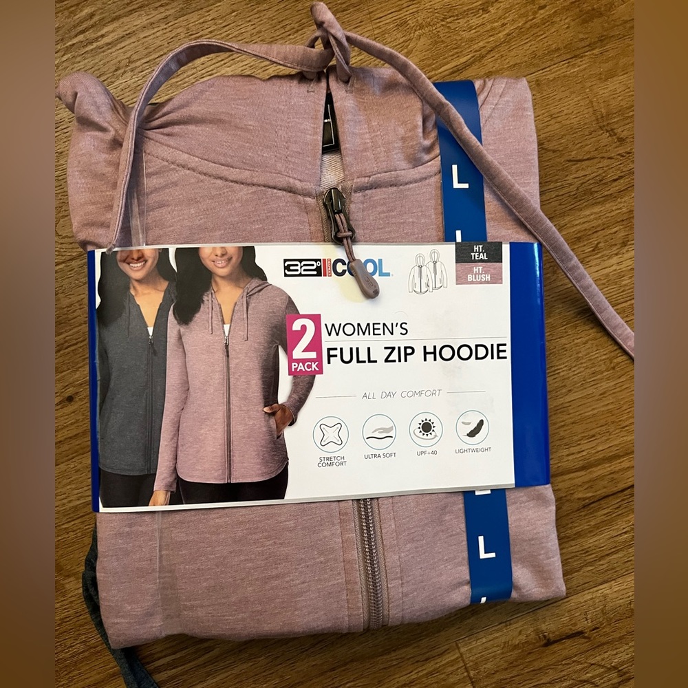 New size large zip up light weight hoodies, 2 pack. 32 degree cool